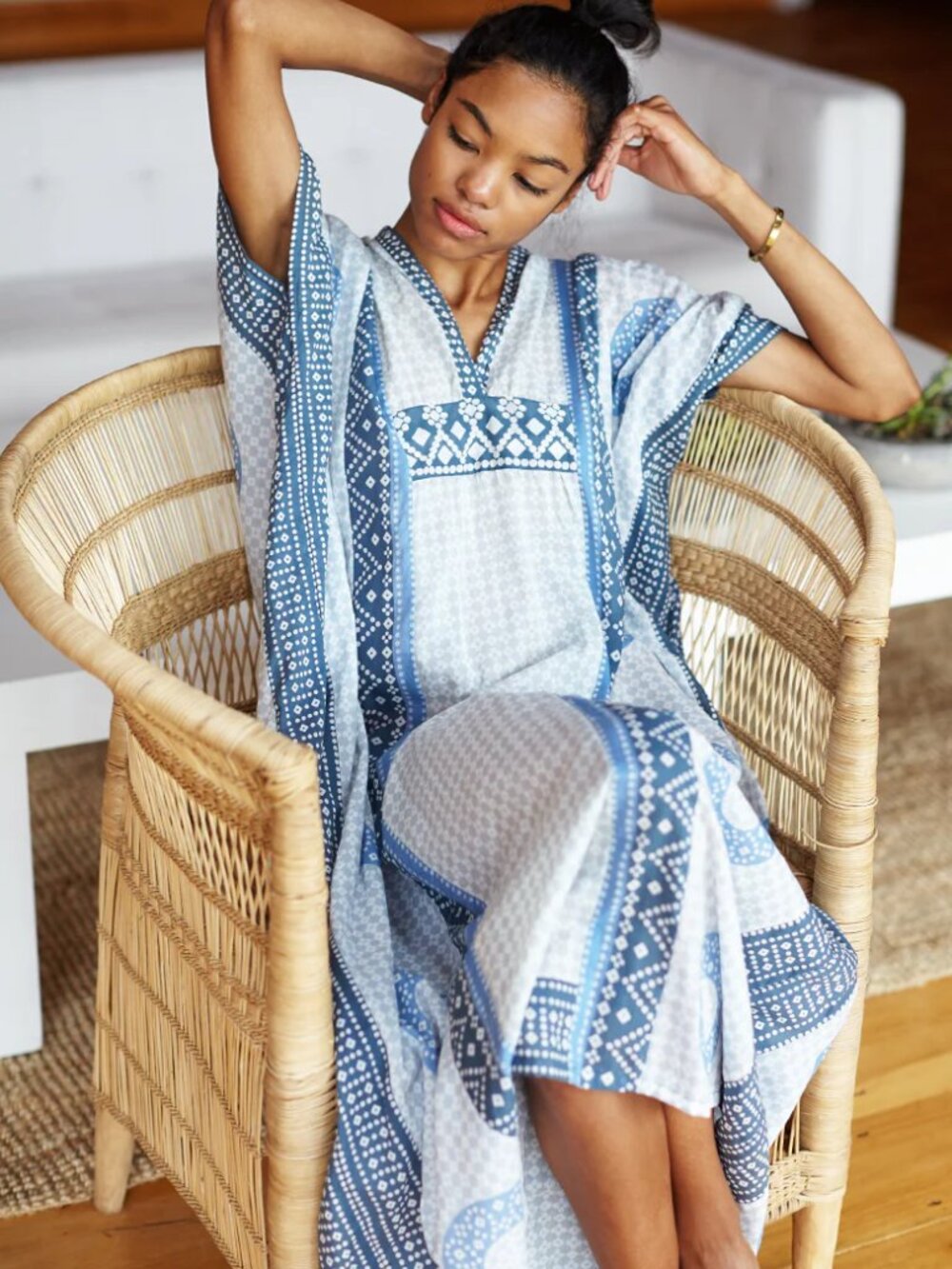Emerson Fry Caftan — Cerulean Blue & White Hand-Printed Organic Cotton, OS